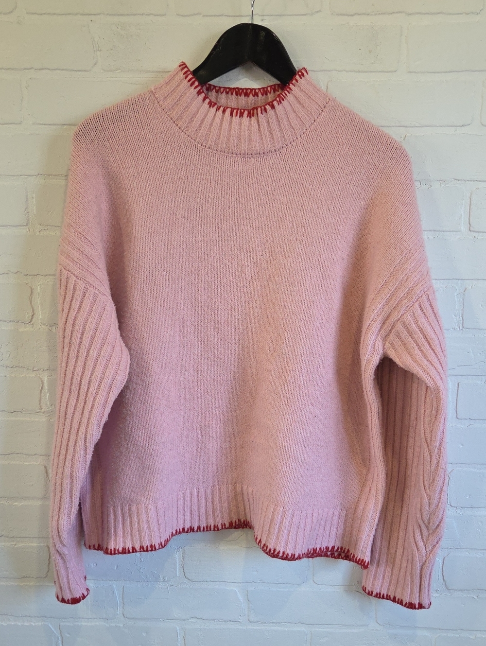 Joie Pink Crewneck Sweater with Red Trim